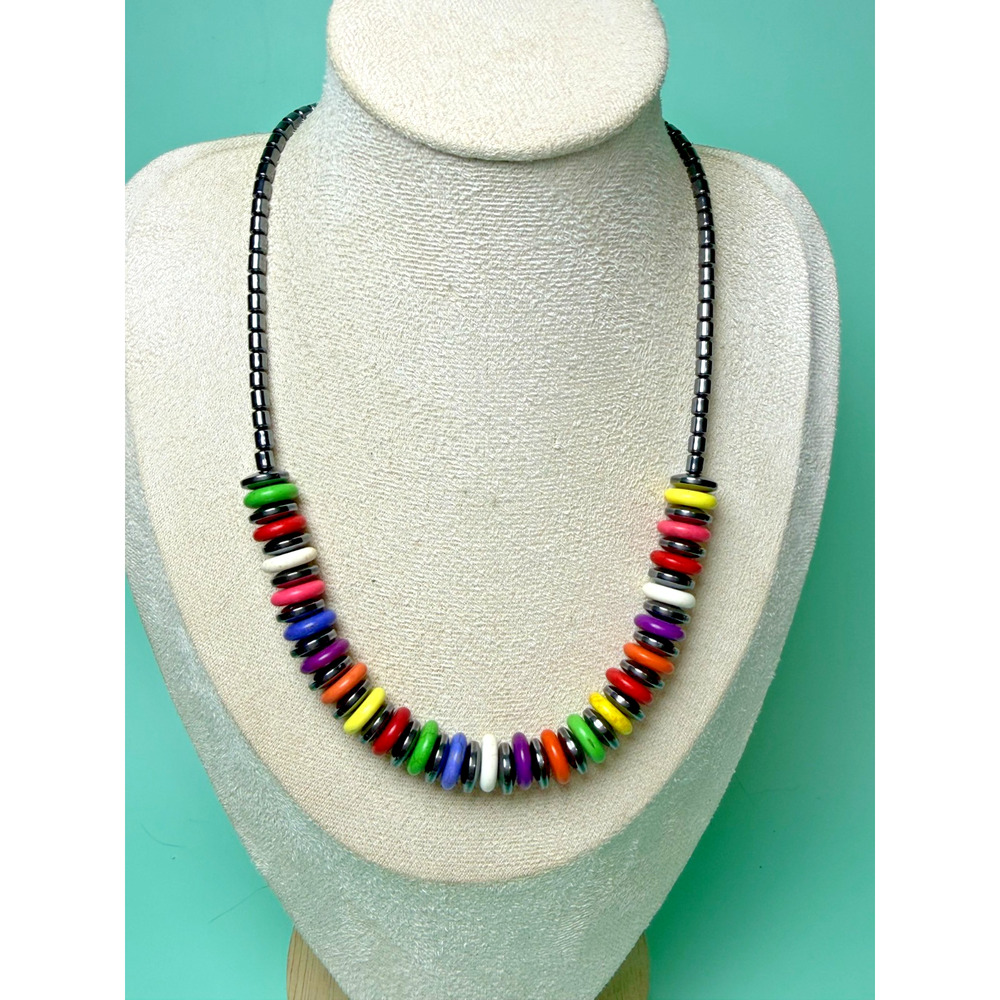 Hematite Stone 17" Colors of the Rainbow Magnetic Therapy Necklace Barrel Clasp - Picture 2 of 5